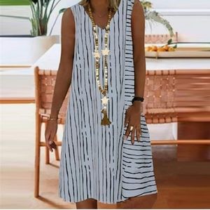 New white Women DressV-Neck Stripe PrintBeachCasual Loose Dress